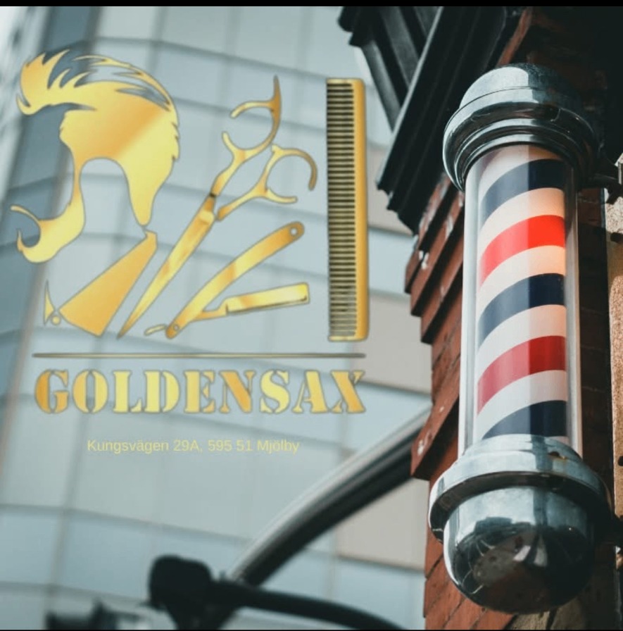 Goldensax skyltfönster med barberarstolpe på Kungsvägen 29A i Mjölby